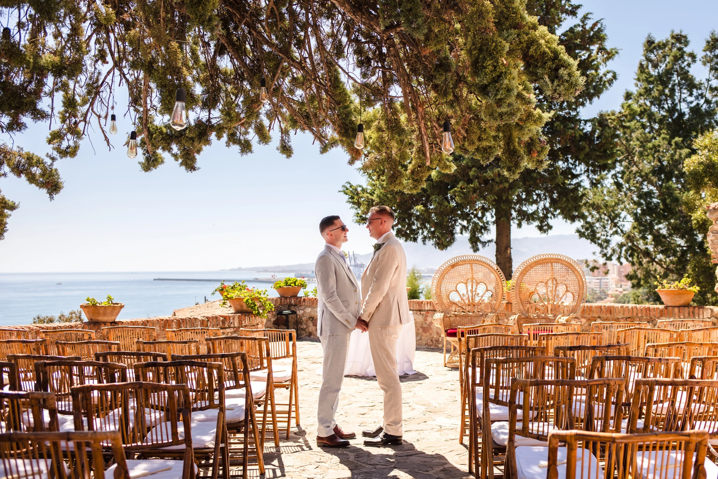 Two grooms hold hands and face each other during their wedding ceremony beneath a tree. — Wedding at Hotel Only You, Malaga, spain