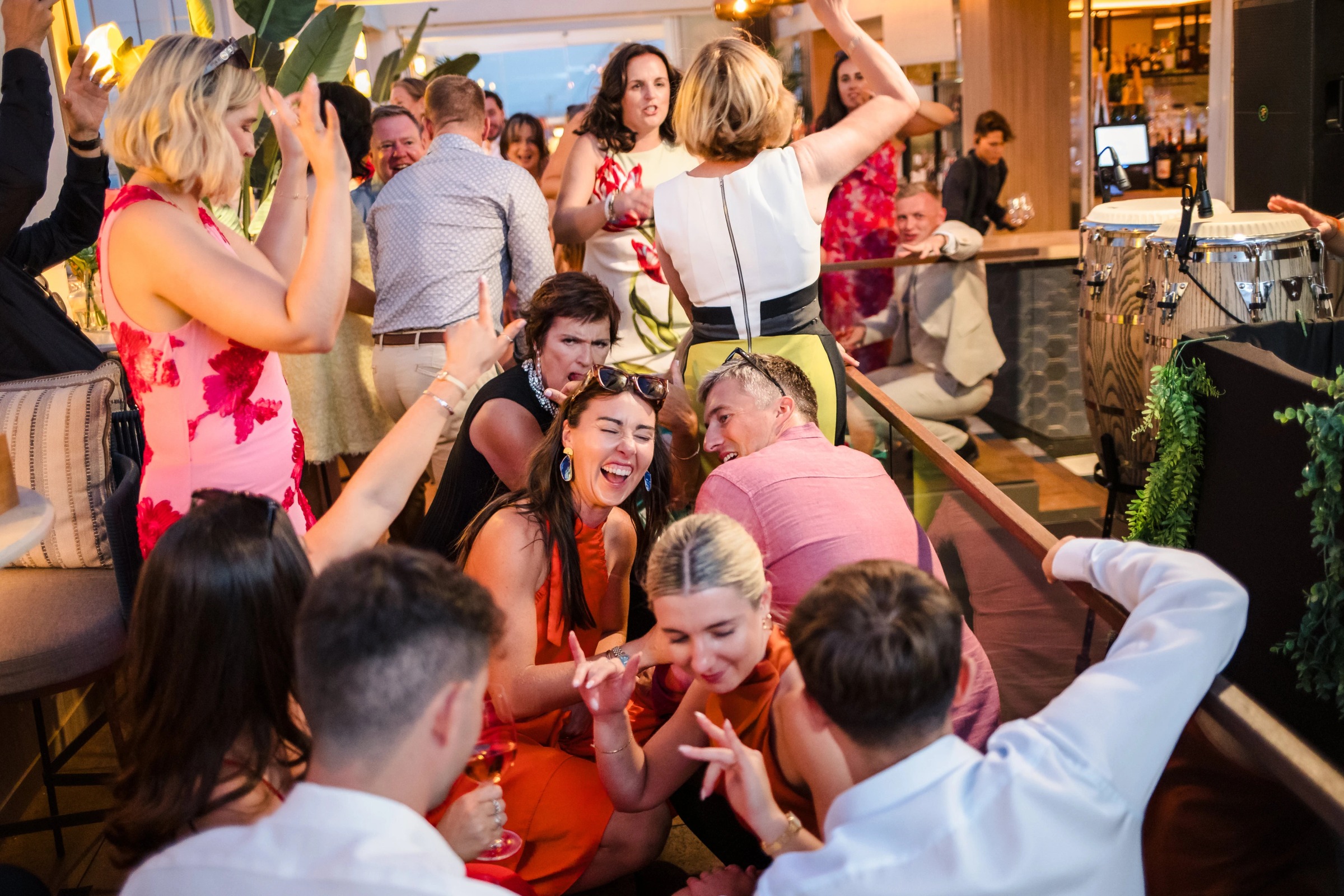 Wedding guests dancing and celebrating together on the dance floor during reception. — Wedding at Hotel Only You, Malaga, spain
